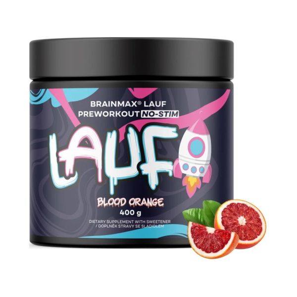 BrainMax LAUF Preworkout, bez kofeinu, červený pomeranč, 400 g