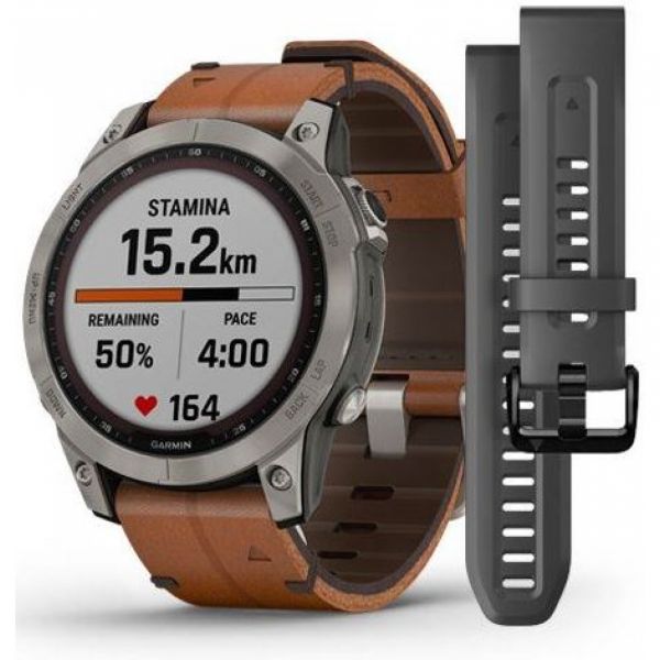 Garmin Fēnix® 7 Pro – Sapphire Solar Edition / Titan - Brown Leather Band 47mm