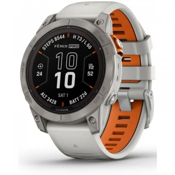Garmin fēnix® 7 Pro – Sapphire Solar Edition  Titanium s řemínkem Fog Gray / Ember Orange 47mm