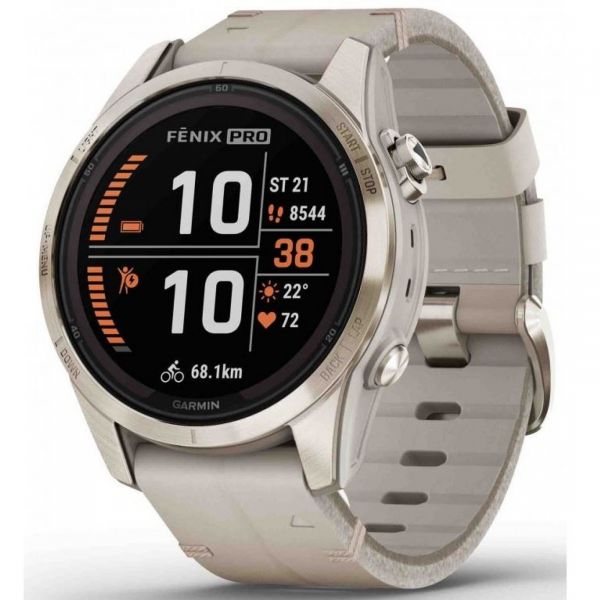 Garmin fēnix® 7S Pro – Sapphire Solar Edition  Soft Gold s koženým řemínkem Limestone 42mm