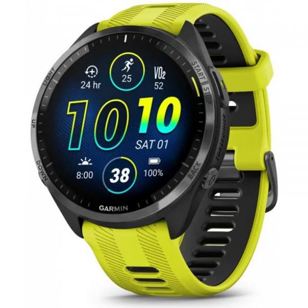 Garmin Forerunner® 965  titanová luneta Carbon Grey DLC, pouzdro Black, řemínek silicone žlutá/černá